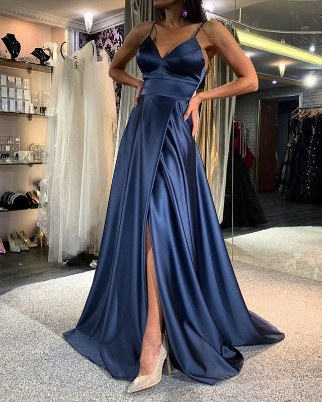 Simple V Neck High Split Satin Prom Dresses
